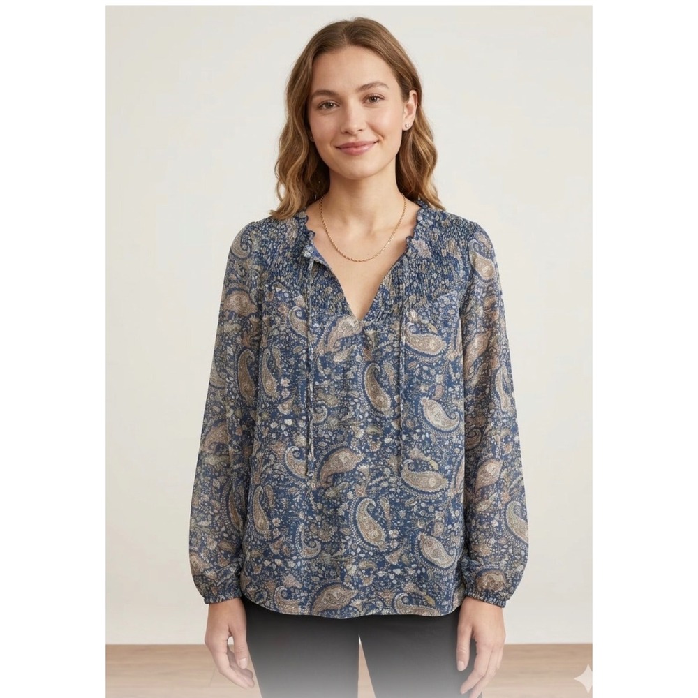 Lucky Brand Blue Paisley Smocked Peasant Blouse Long Sleeve Top 147247 Medium
